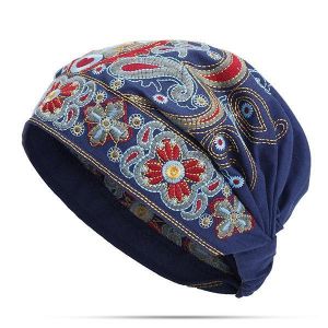 Women Navy Vintage Beanie Hat Ethnic Embroidery Flowers Slouch Cotton Skullcap Cap