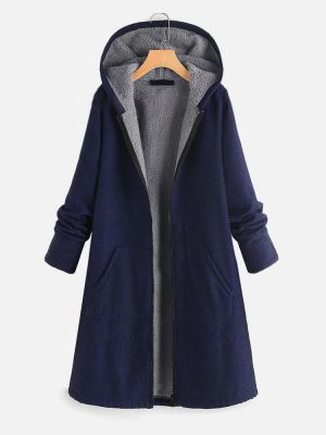Women Casual Pure Color Hooded Zipper Coats with Pockets