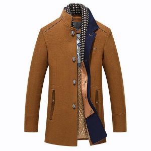 zorialaa@gmail.com בגדי גברים Autumn Winter Casual Slim Fit Stand Collar Scarf Detachable Stylish Woolen Overcoat Jacket for Men
