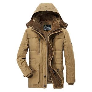 Mens Thick Fleece Winter Coat Hooded Outdoor Solid Color Jacket