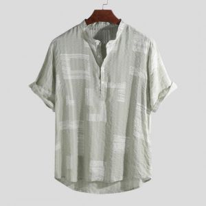 Mens Casual Stand Collar Printing Buttons Loose Fit Summer Short Sleeve Shirts