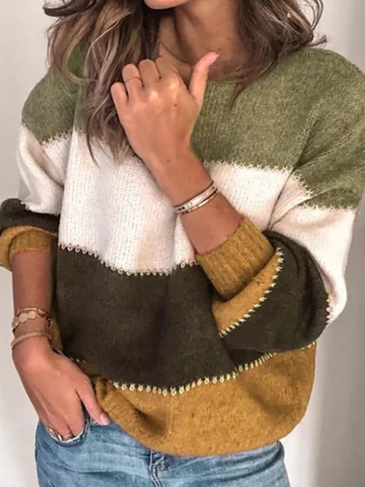 zorialaa@gmail.com בגדי נשים  Women Casual Striped Color-Block O-Neck Long Sleeve Sweaters
